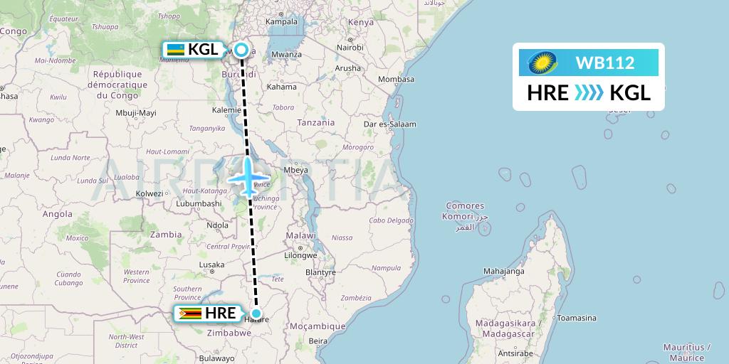 WB112 RwandAir Flight Map: Harare to Kigali
