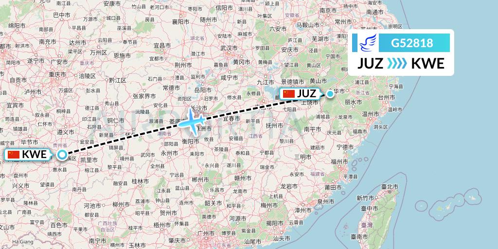 G52818 China Express Airlines Flight Map: Quzhou to Guiyang