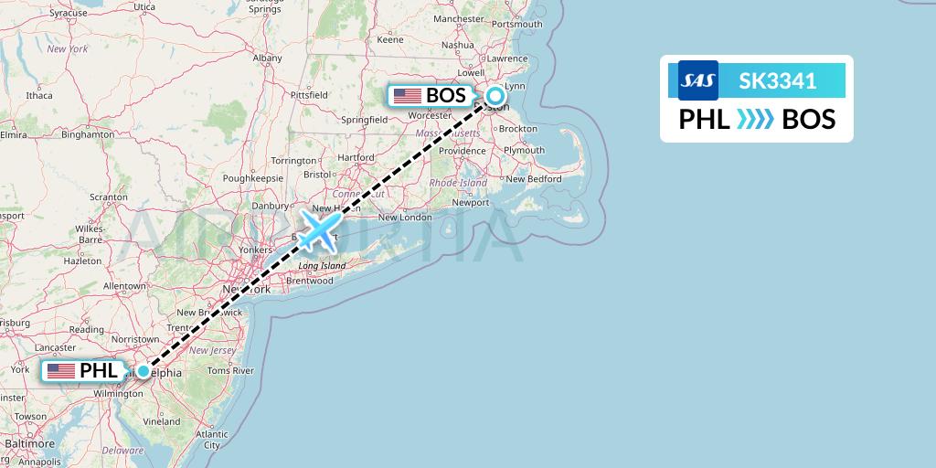 SK3341 SAS Flight Map: Philadelphia to Boston
