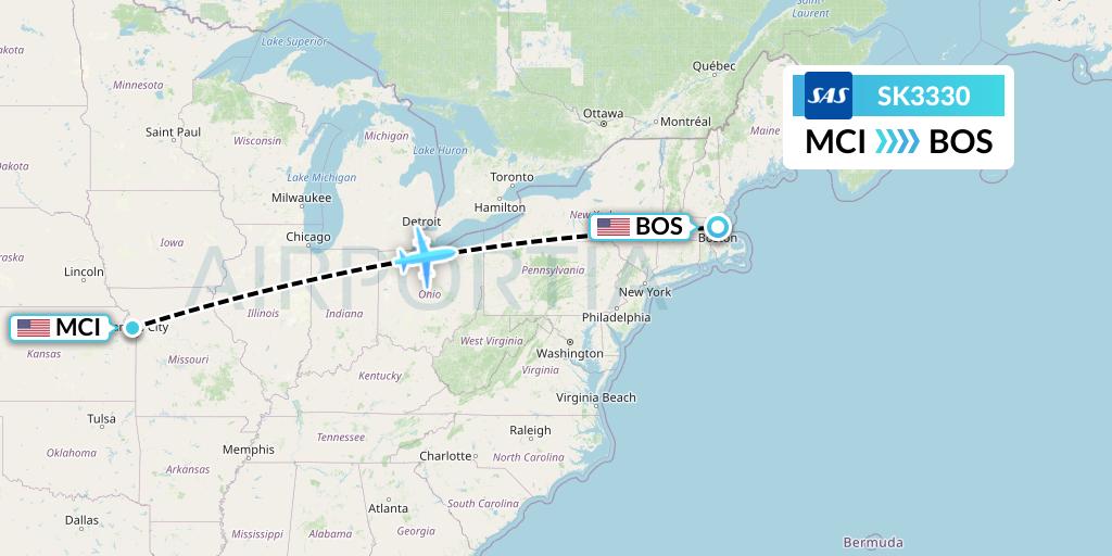 SK3330 SAS Flight Map: Kansas City to Boston