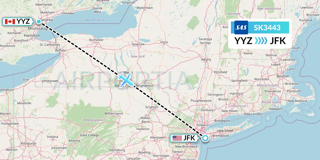 SK3443 SAS Flight Map: Toronto to New York