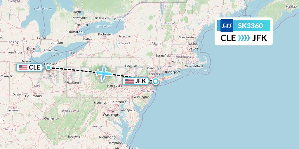 SK3360 SAS Flight Map: Cleveland to New York