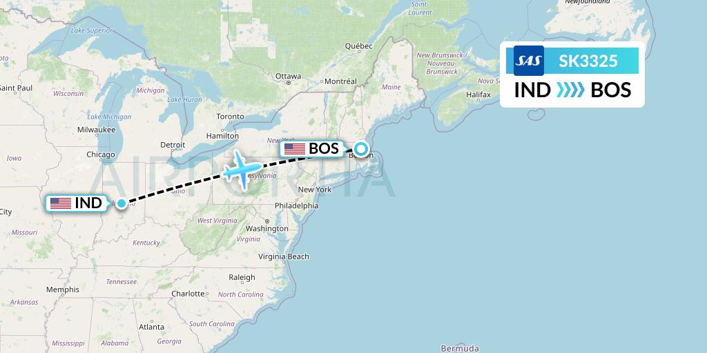 SK3325 SAS Flight Map: Indianapolis to Boston