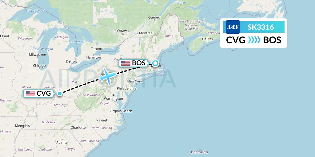 SK3316 SAS Flight Map: Cincinnati to Boston