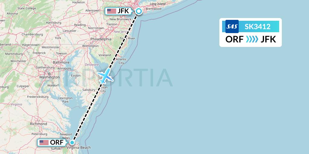 SK3412 SAS Flight Map: Norfolk to New York