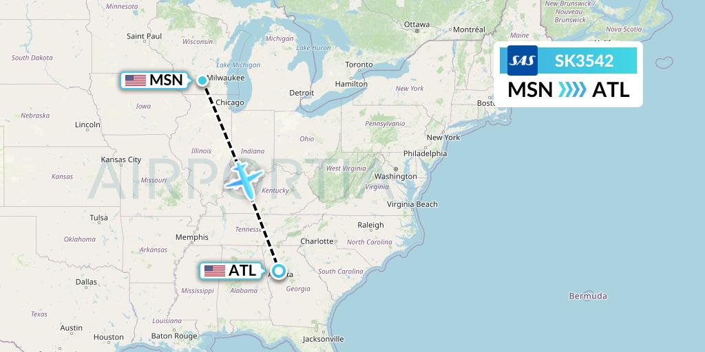 SK3542 SAS Flight Map: Madison to Atlanta