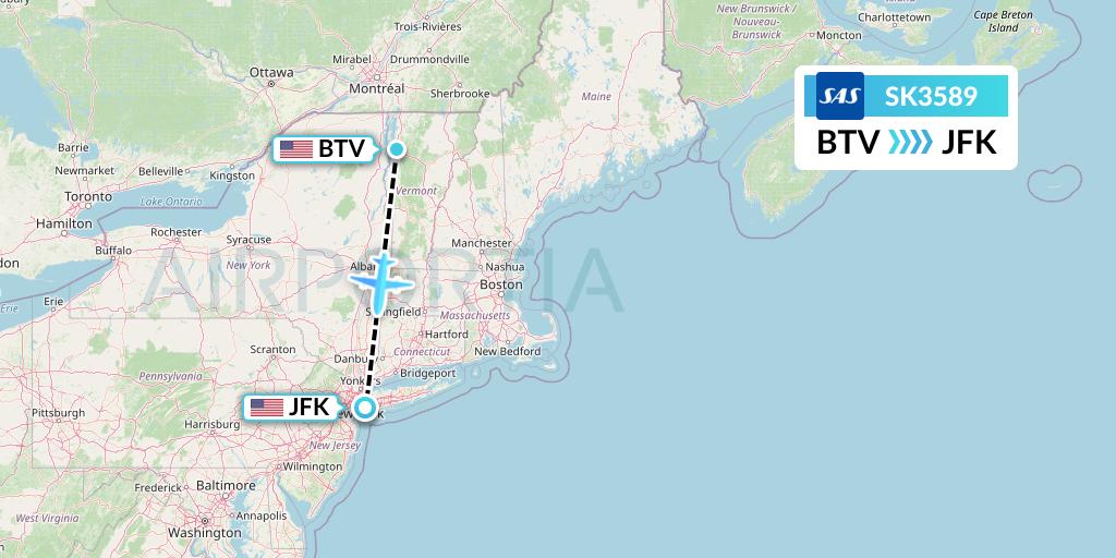 SK3589 SAS Flight Map: Burlington to New York