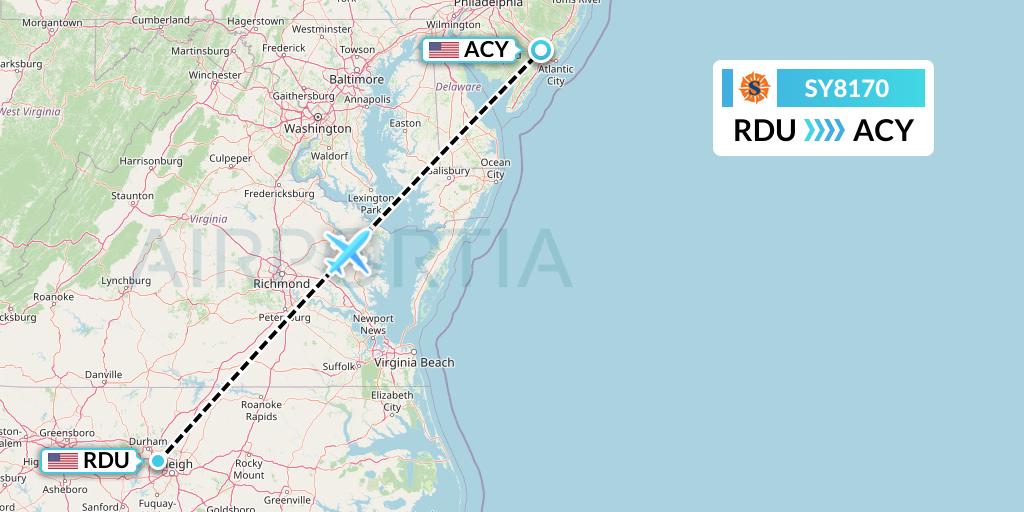 SY8170 Sun Country Airlines Flight Map: Raleigh-Durham to Atlantic City
