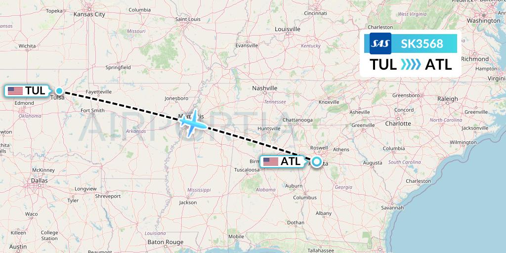 SK3568 SAS Flight Map: Tulsa to Atlanta