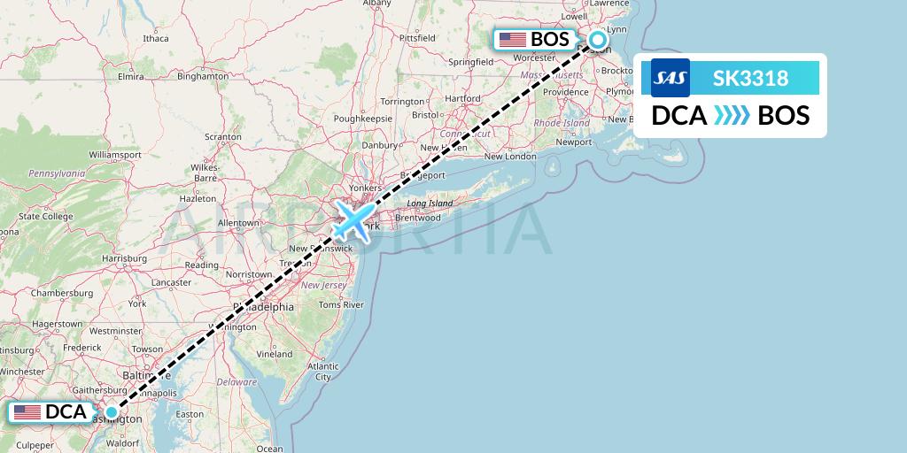 SK3318 SAS Flight Map: Washington to Boston