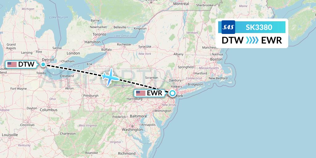 SK3380 SAS Flight Map: Detroit to New York