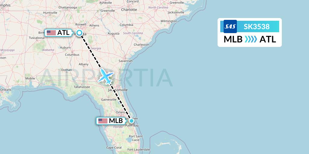 SK3538 SAS Flight Map: Melbourne to Atlanta