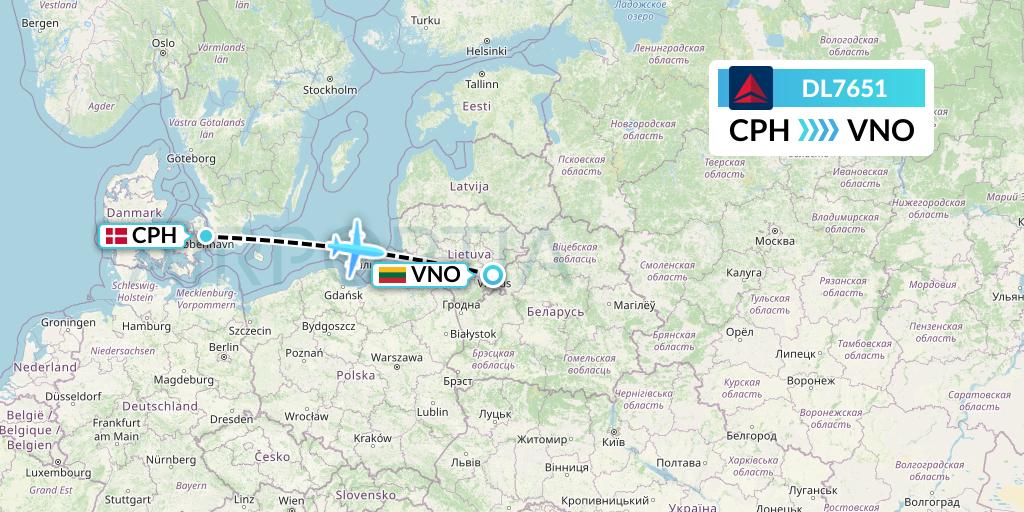 DL7651 Delta Air Lines Flight Map: Copenhagen to Vilnius