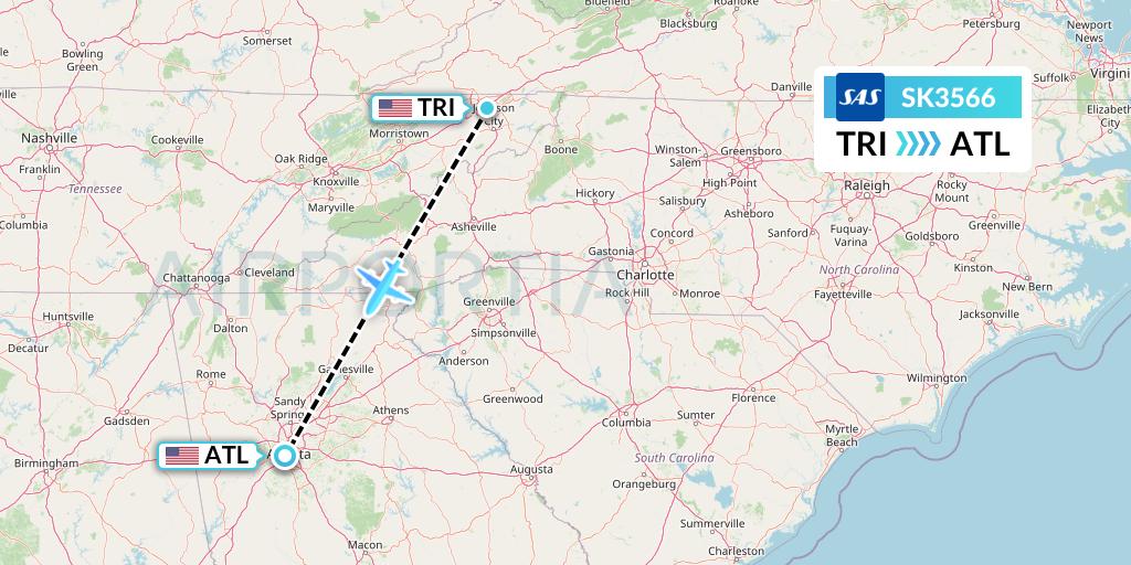 SK3566 SAS Flight Map: Blountville to Atlanta