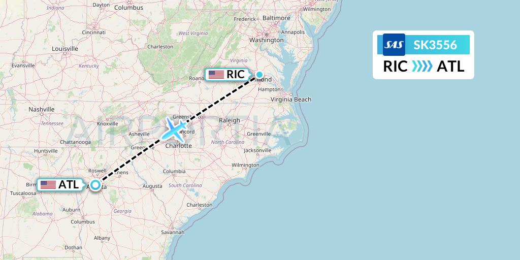 SK3556 SAS Flight Map: Richmond to Atlanta