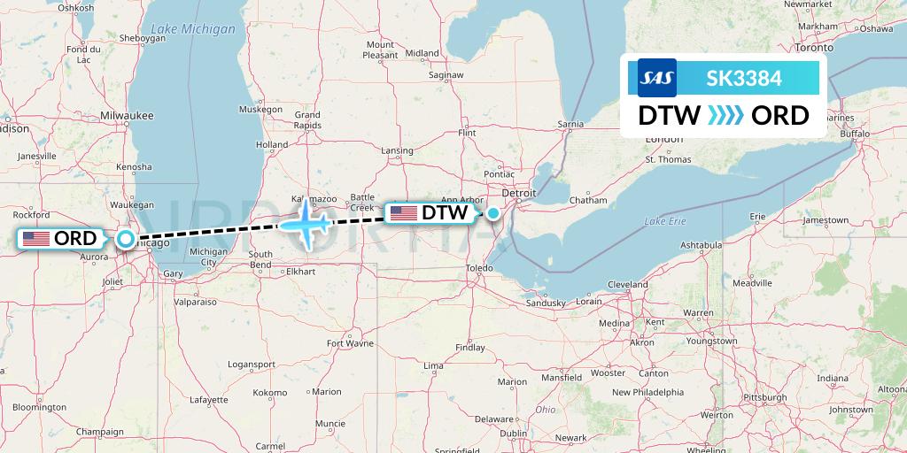 SK3384 SAS Flight Map: Detroit to Chicago