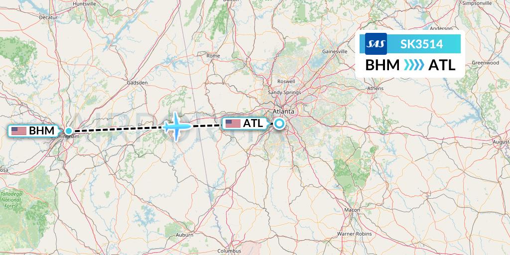 SK3514 SAS Flight Map: Birmingham to Atlanta