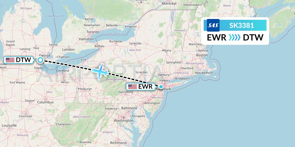 SK3381 SAS Flight Map: New York to Detroit