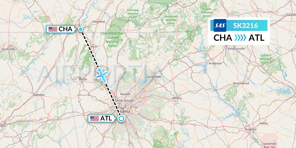 SK3216 SAS Flight Map: Chattanooga to Atlanta