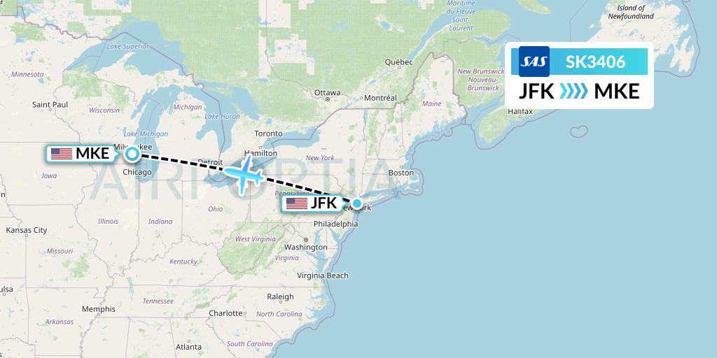 SK3406 SAS Flight Map: New York to Milwaukee