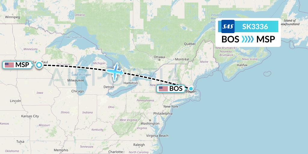 SK3336 SAS Flight Map: Boston to Minneapolis