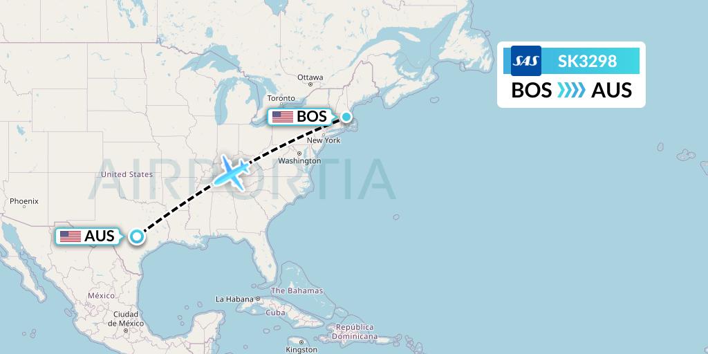 SK3298 SAS Flight Map: Boston to Austin