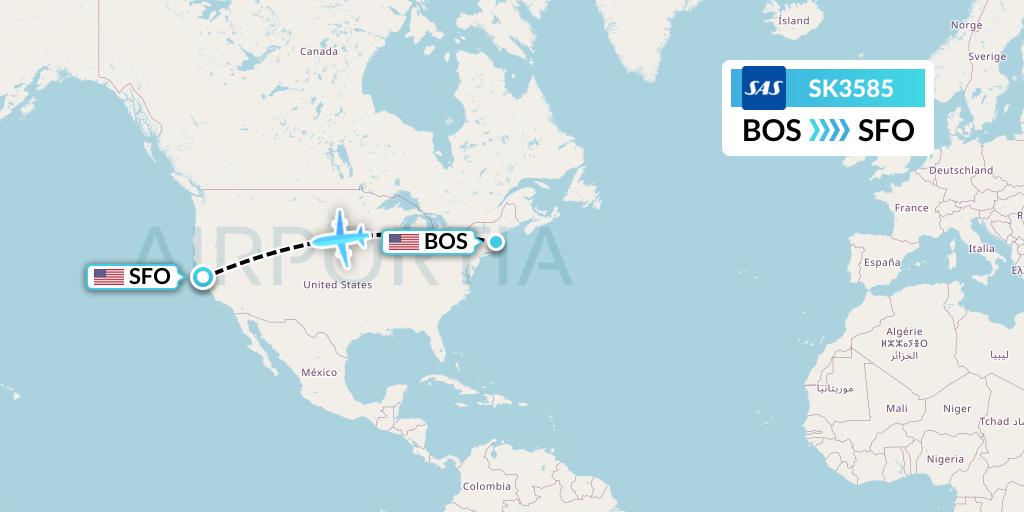 SK3585 SAS Flight Map: Boston to San Francisco