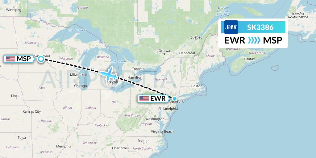 SK3386 SAS Flight Map: New York to Minneapolis