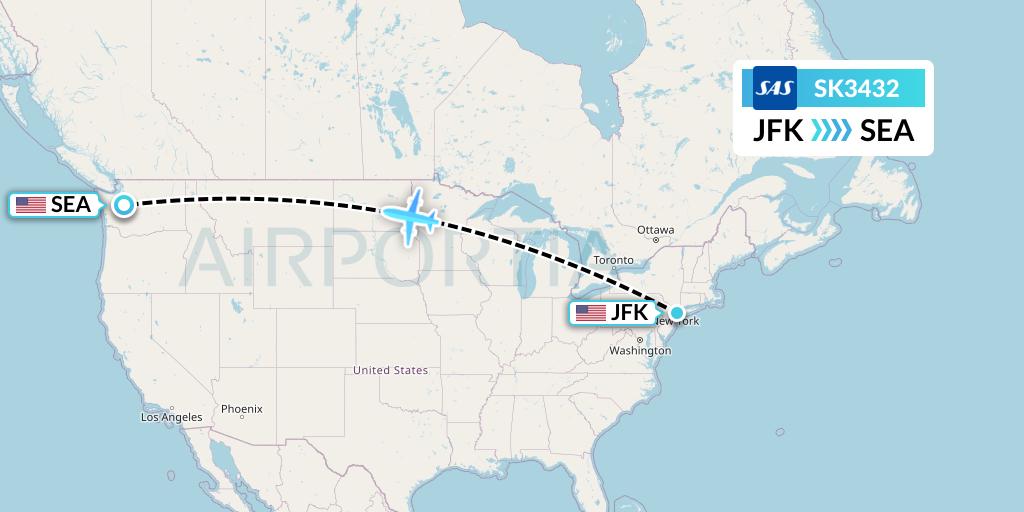 SK3432 SAS Flight Map: New York to Seattle