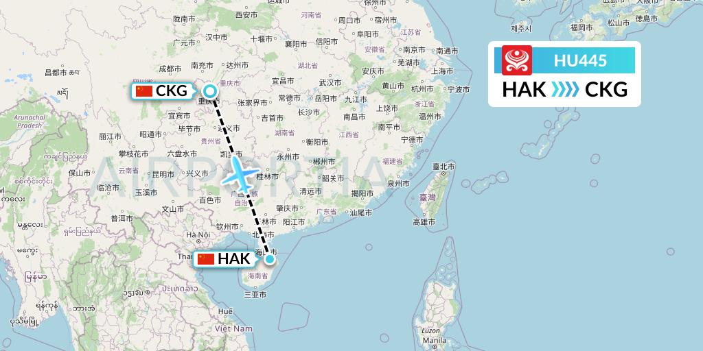 HU445 Hainan Airlines Flight Map: Haikou to Chongqing