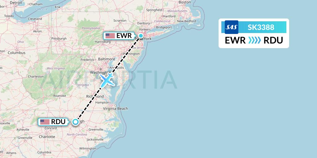 SK3388 SAS Flight Map: New York to Raleigh-Durham