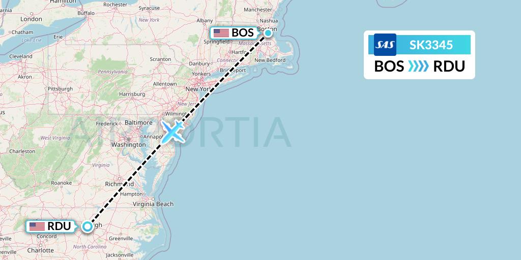 SK3345 SAS Flight Map: Boston to Raleigh-Durham