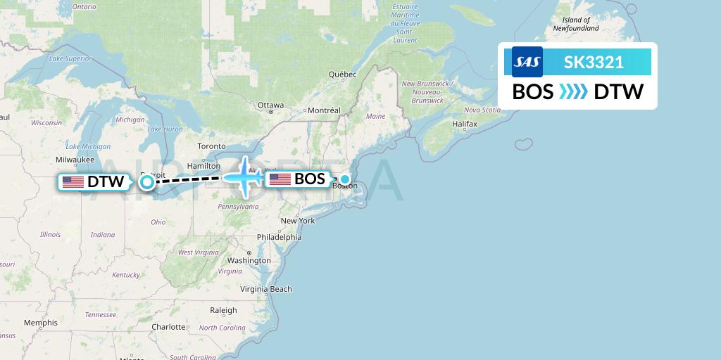 SK3321 SAS Flight Map: Boston to Detroit