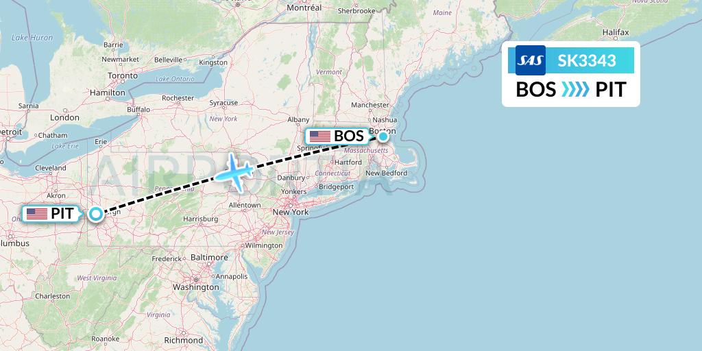 SK3343 SAS Flight Map: Boston to Pittsburgh
