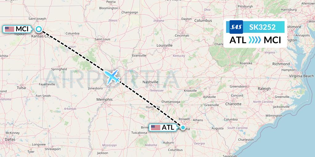 SK3252 SAS Flight Map: Atlanta to Kansas City