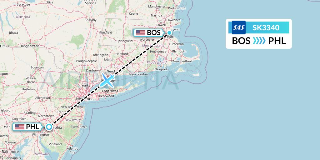 SK3340 SAS Flight Map: Boston to Philadelphia