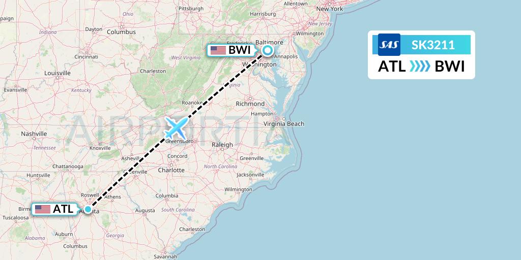SK3211 SAS Flight Map: Atlanta to Baltimore