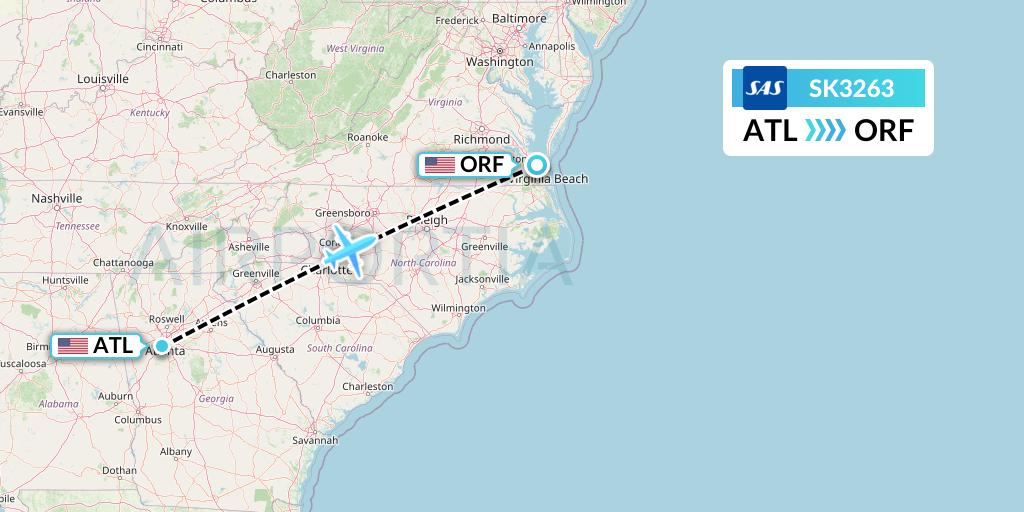 SK3263 SAS Flight Map: Atlanta to Norfolk