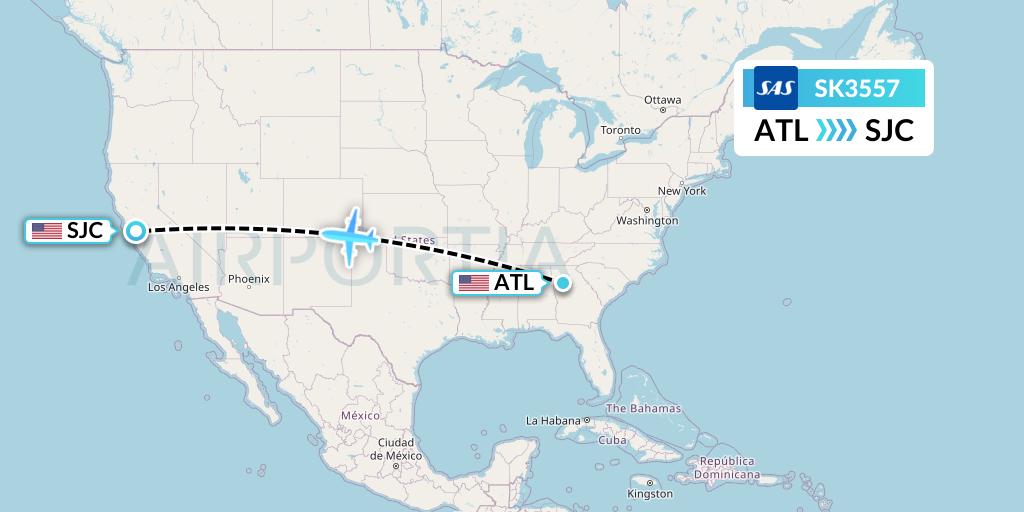 SK3557 SAS Flight Map: Atlanta to San Jose