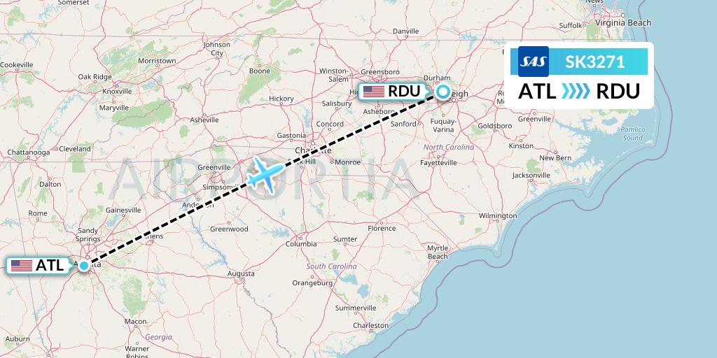 SK3271 SAS Flight Map: Atlanta to Raleigh-Durham