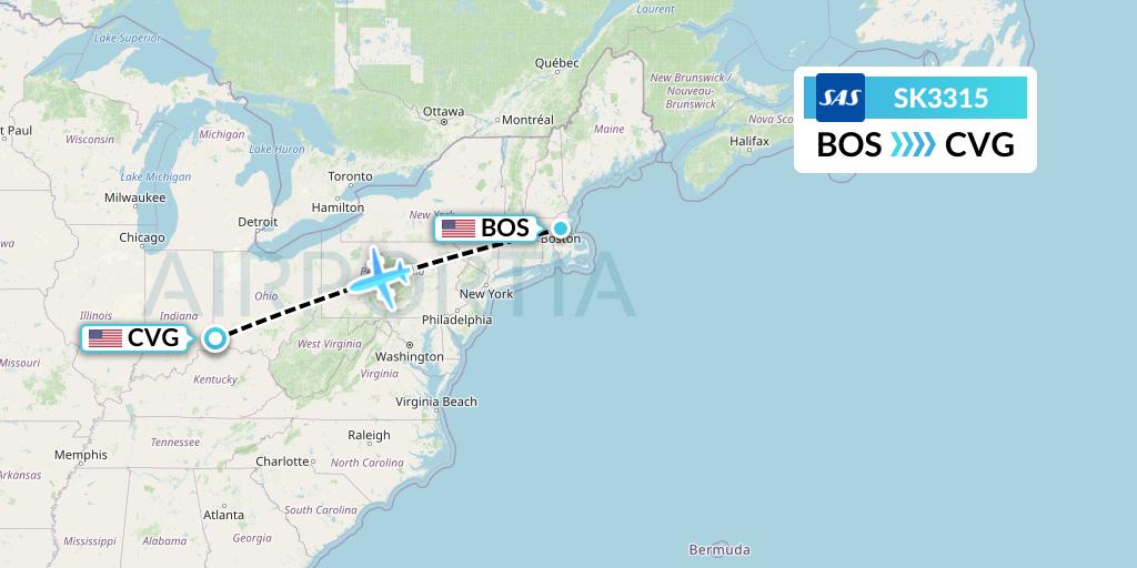 SK3315 SAS Flight Map: Boston to Cincinnati