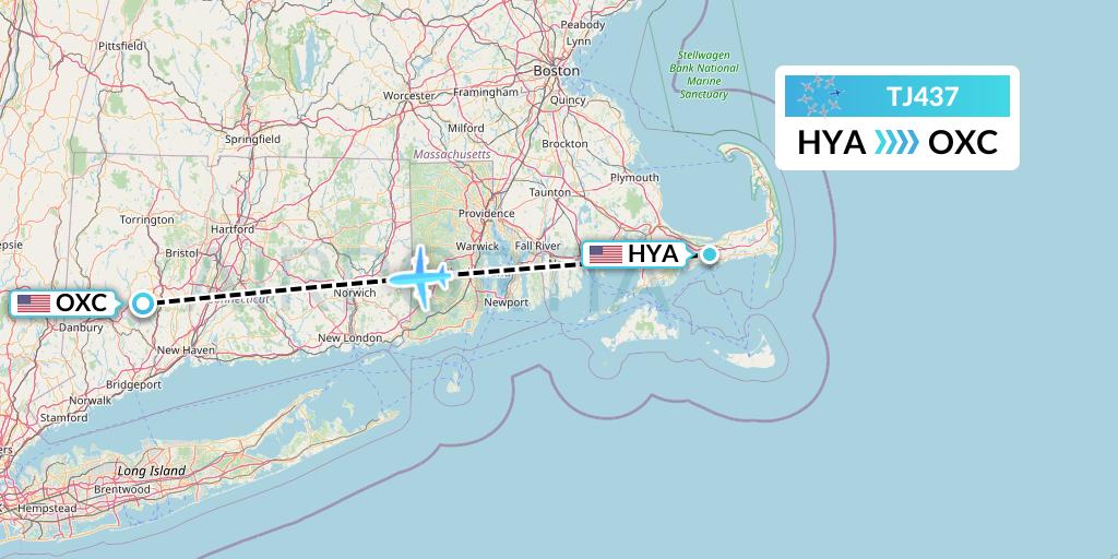TJ437 Tradewind Aviation Flight Map: Hyannis to Oxford