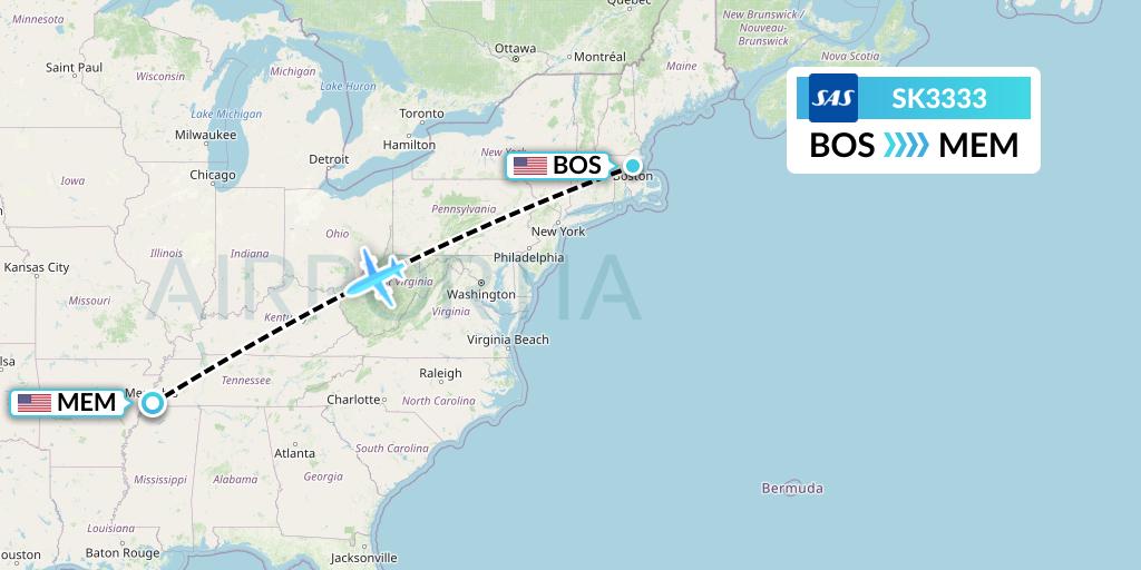 SK3333 SAS Flight Map: Boston to Memphis