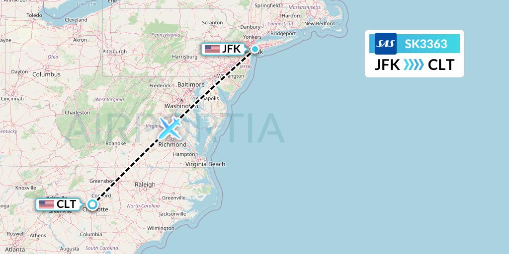 SK3363 SAS Flight Map: New York to Charlotte