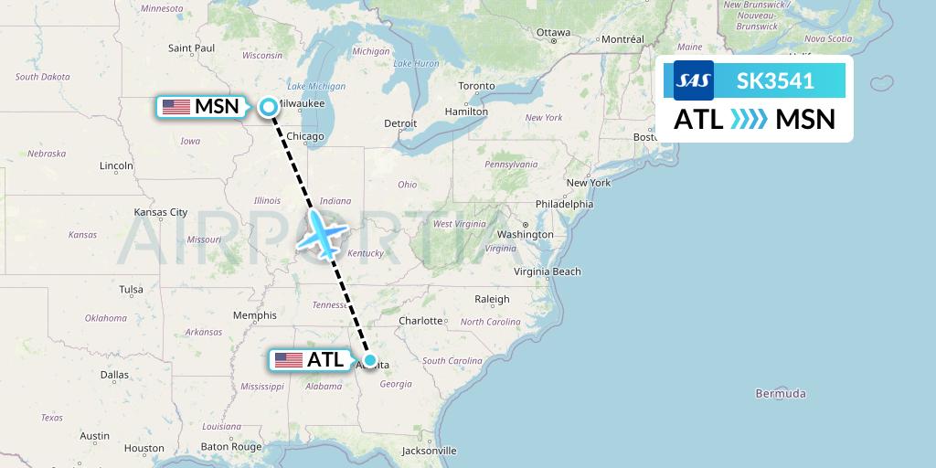 SK3541 SAS Flight Map: Atlanta to Madison