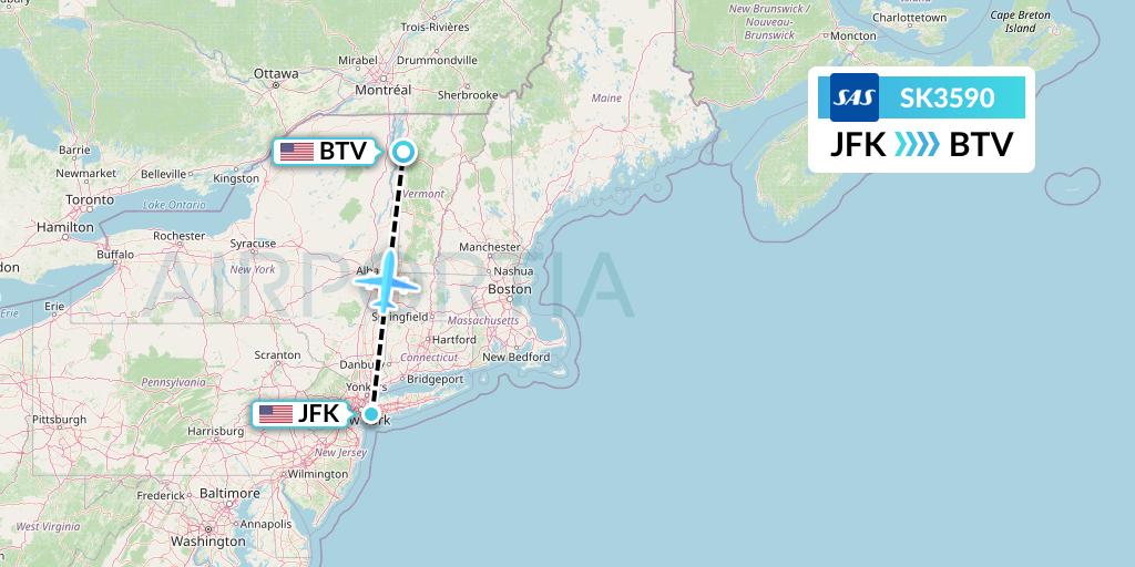 SK3590 SAS Flight Map: New York to Burlington