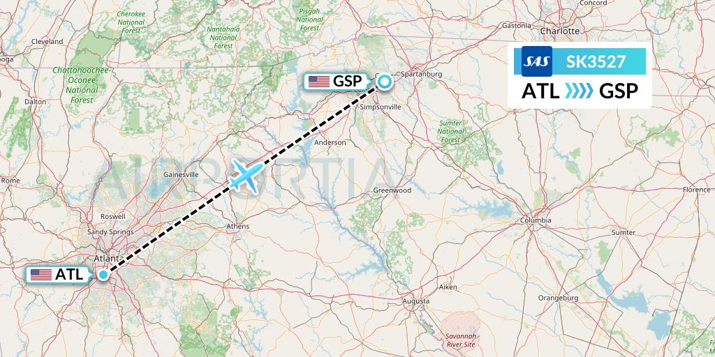 SK3527 SAS Flight Map: Atlanta to Greenville-Spartanburg