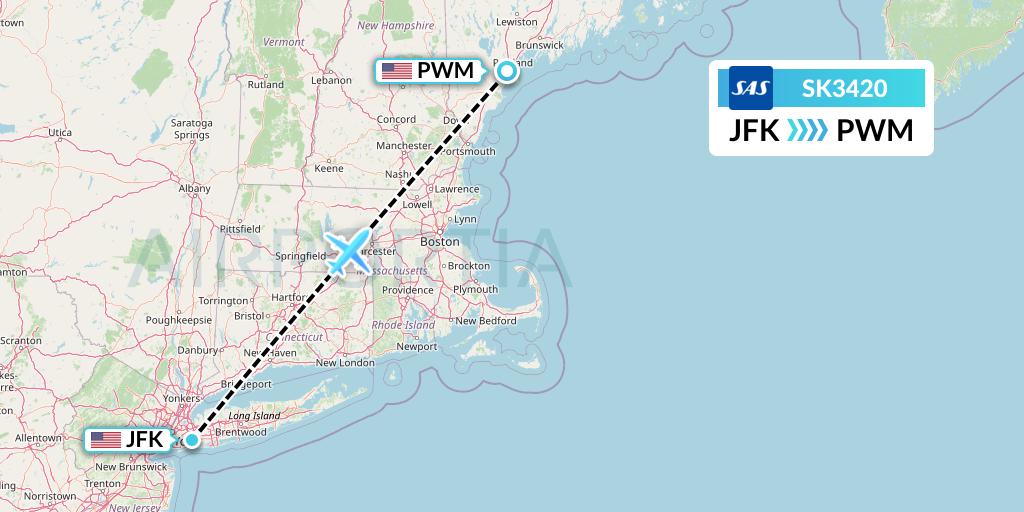 SK3420 SAS Flight Map: New York to Portland