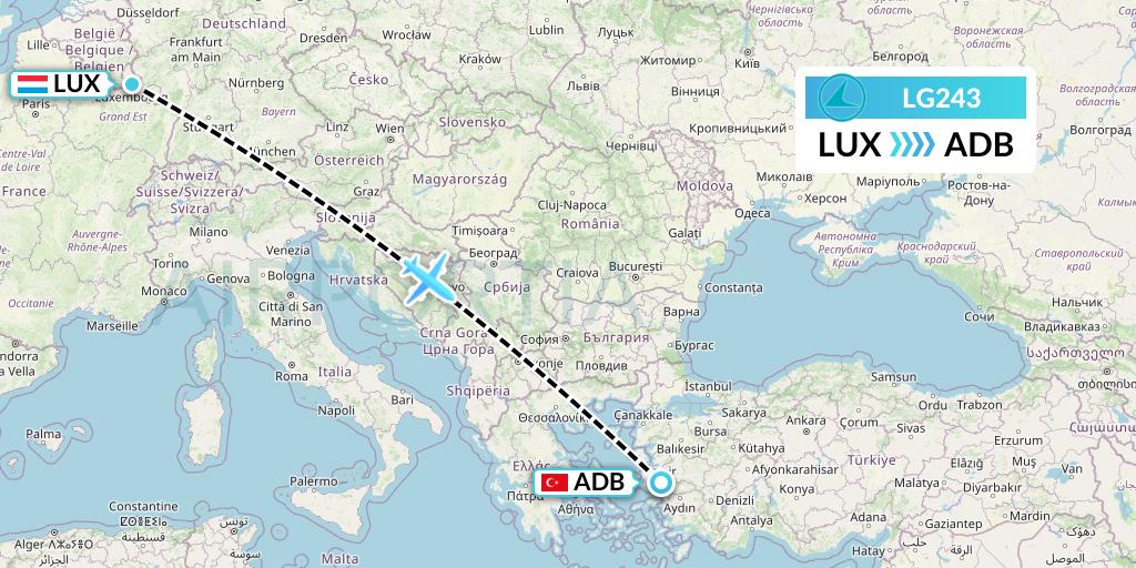 LG243 Luxair Flight Map: Luxembourg to Izmir