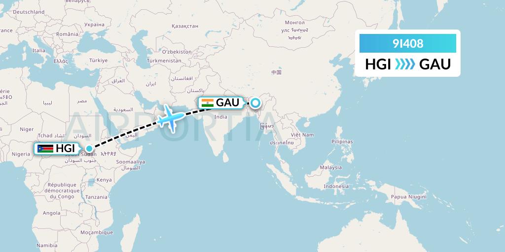9I408 Air India Regional Flight Map: Higleig to Guwahati